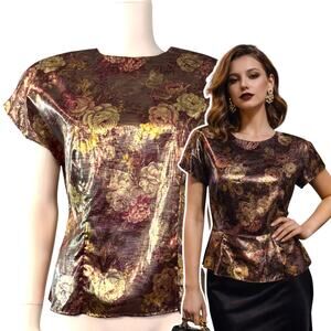 Vtg Gold Lamé Floral Blouse Size Medium Melrose Options 80s 90s Glam Disco